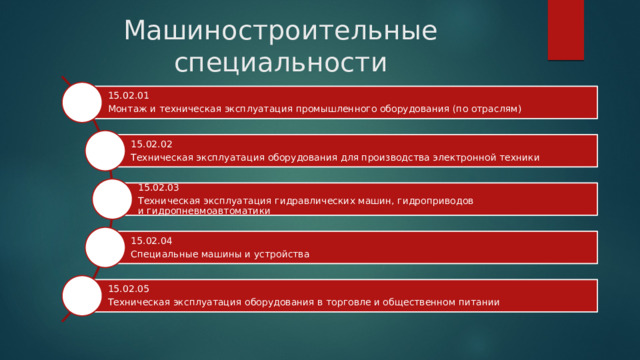 Машиностроительные специальности 15.02.01 Монтаж и техническая эксплуатация промышленного оборудования (по отраслям) 15.02.02 Техническая эксплуатация оборудования для производства электронной техники 15.02.03 Техническая эксплуатация гидравлических машин, гидроприводов и гидропневмоавтоматики 15.02.04 Специальные машины и устройства 15.02.05 Техническая эксплуатация оборудования в торговле и общественном питании