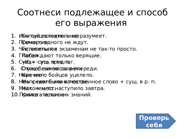 Соотнеси подлежащее и способ его выражения Сытый голодного не разумеет. Семеро одного не ждут. Готовиться к экзаменам не так-то просто. Побеждают только верящие. «Из» - это предлог. Отец с сыном шли впереди. Как мало бойцов уцелело. Мы с ним были в театре. Наконец-то наступило завтра. Книга – источник знаний. Имя существительное Причастие Числительное Глагол Сущ.+ сущ. в тв. п.  Служебная часть речи Наречие Неопределённо-качественное слово + сущ. в р. п. Мест. + мест. Прилагательное Проверь себя