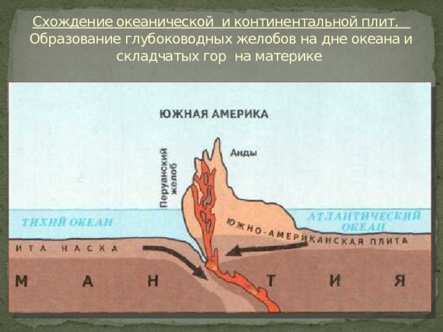 Схождение океанической и континентальной плит. Образование глубоководных желобов на дне океана и  складчатых гор на материке