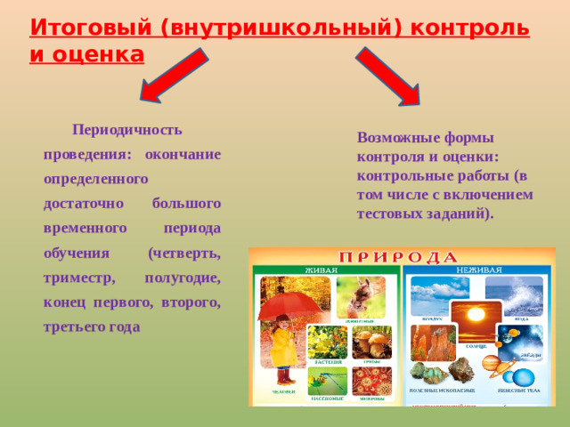 Итоговый (внутришкольный) контроль и оценка Периодичность проведения: окончание определенного достаточно большого временного периода обучения (четверть, триместр, полугодие, конец первого, второго, третьего года Возможные формы контроля и оценки: контрольные работы (в том числе с включением тестовых заданий).
