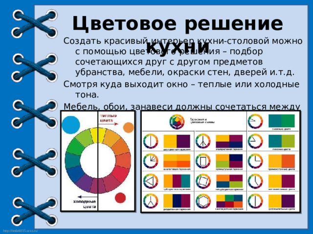 Цветовое решение кухни Создать красивый интерьер кухни-столовой можно с помощью цветового решения – подбор сочетающихся друг с другом предметов убранства, мебели, окраски стен, дверей и.т.д. Смотря куда выходит окно – теплые или холодные тона. Мебель, обои, занавеси должны сочетаться между собой.