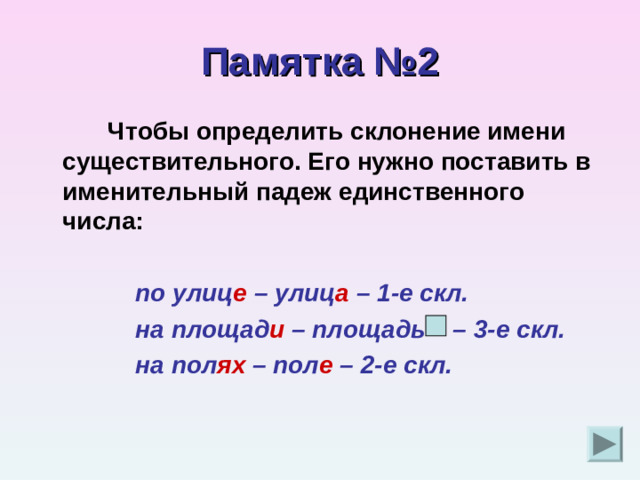 Памятка №2  Чтобы определить склонение имени существительного. Его нужно поставить в именительный падеж единственного числа:   по улиц е – улиц а – 1-е скл.  на площад и – площадь – 3-е скл.  на пол ях – пол е – 2-е скл.