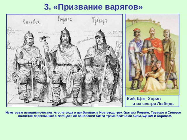 3. «Призвание варягов» Кий, Щек, Хорив и их сестра Лыбедь Некоторые историки считают, что легенда о прибывших в Новгород трех братьях Рюрике, Труворе и Синеусе является перекличкой с легендой об основании Киева тремя братьями Кием, Щеком и Хоривом.