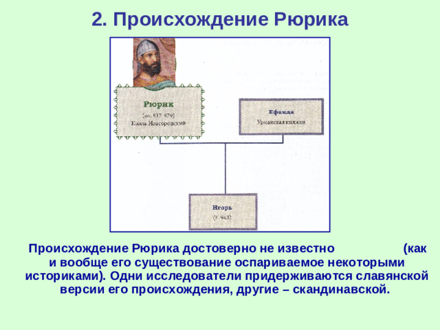 2. Происхождение Рюрика  Происхождение Рюрика достоверно не известно (как и вообще его существование оспариваемое некоторыми историками). Одни исследователи придерживаются славянской версии его происхождения, другие – скандинавской.