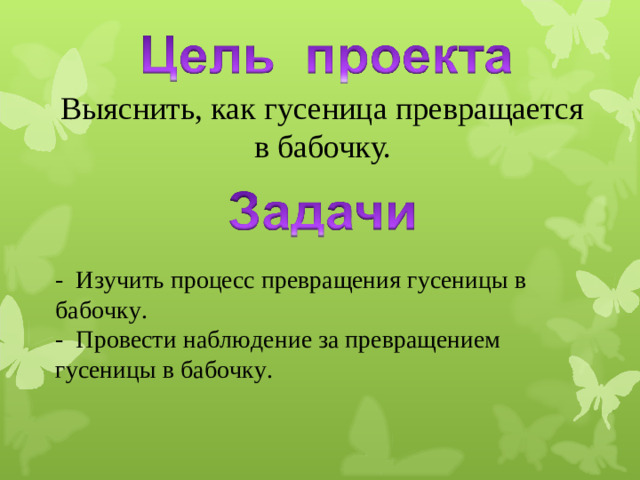 Выяснить, как гусеница превращается в бабочку.    - Изучить процесс превращения гусеницы в бабочку. - Провести наблюдение за превращением гусеницы в бабочку.