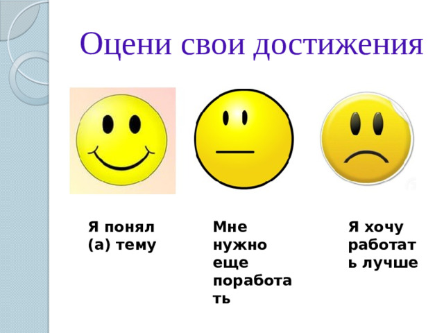 Оцени свои достижения Я понял (а) тему Мне нужно еще поработать Я хочу работать лучше