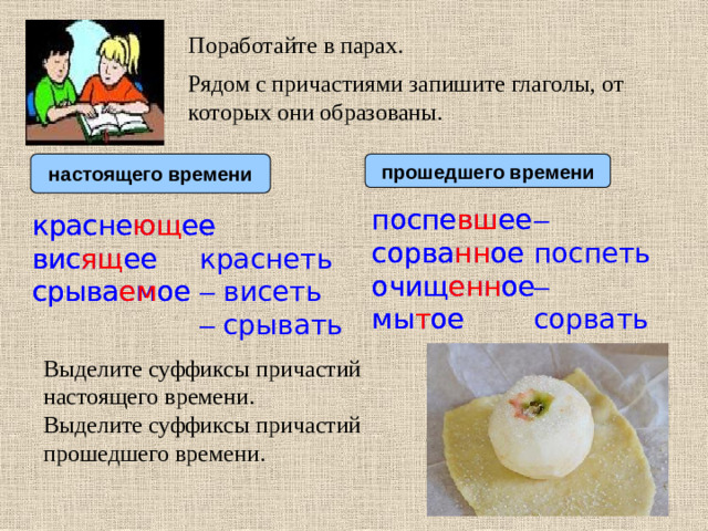 Поработайте в парах. Рядом с причастиями запишите глаголы, от которых они образованы. настоящего времени прошедшего времени поспе вш ее поспевшее –  поспеть сорванное сорва нн ое –  сорвать –  очистить очищ енн ое очищенное –  мыть мытое мы т ое краснеющее –  краснеть красне ющ ее висящее –  висеть вис ящ ее срыва ем ое срываемое –  срывать Выделите суффиксы причастий настоящего времени. Выделите суффиксы причастий прошедшего времени.