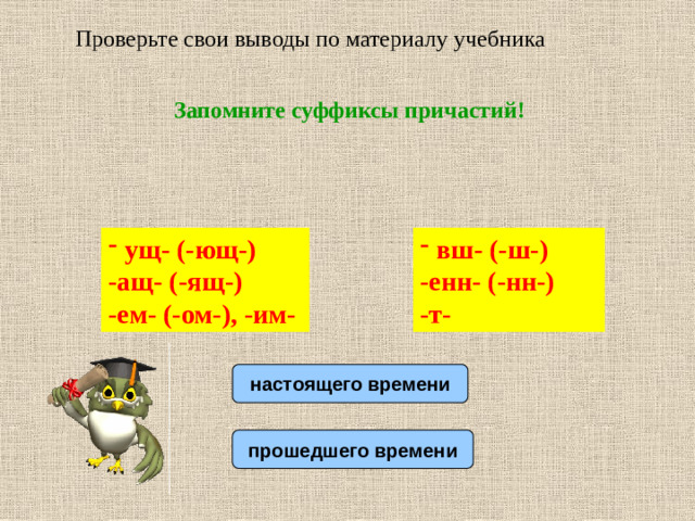 Проверьте свои выводы по материалу учебника Запомните суффиксы причастий! ущ- (-ющ-) вш- (-ш-) -ащ- (-ящ-) -енн- (-нн-) -ем- (-ом-), -им- -т- настоящего времени прошедшего времени