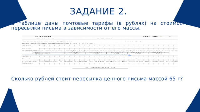 ЗАДАНИЕ 2. В таблице даны почтовые тарифы (в рублях) на стоимость пересылки письма в зависимости от его массы. Сколько рублей стоит пересылка ценного письма массой 65 г?