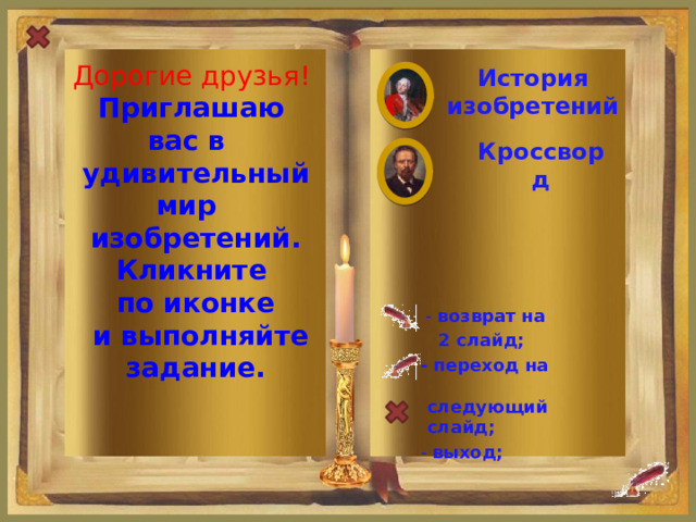 Дорогие друзья! Приглашаю вас в удивительный мир изобретений. Кликните по иконке  и выполняйте задание.  История изобретений Кроссворд  - возврат на  2 слайд; - переход на следующий слайд; - выход;