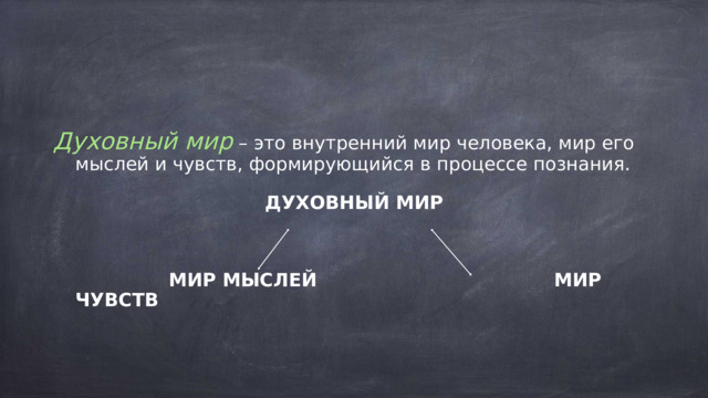 Духовный мир – это внутренний мир человека, мир его мыслей и чувств, формирующийся в процессе познания. ДУХОВНЫЙ МИР   МИР МЫСЛЕЙ МИР ЧУВСТВ