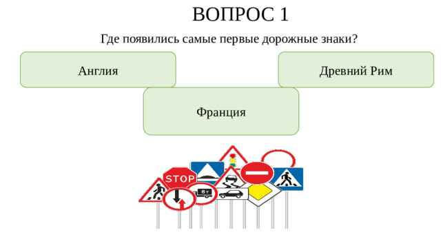 ВОПРОС 1  Где появились самые первые дорожные знаки? Древний Рим Англия Франция