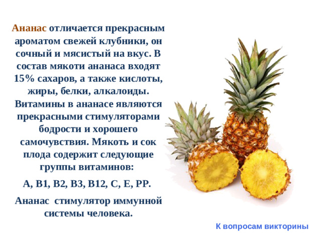 Ананас отличается прекрасным ароматом свежей клубники, он сочный и мясистый на вкус. В состав мякоти ананаса входят 15% сахаров, а также кислоты, жиры, белки, алкалоиды. Витамины в ананасе являются прекрасными стимуляторами бодрости и хорошего самочувствия. Мякоть и сок плода содержит следующие группы витаминов: А, В1, В2, В3, В12, С, Е, РР. Ананас стимулятор иммунной системы человека.   К вопросам викторины