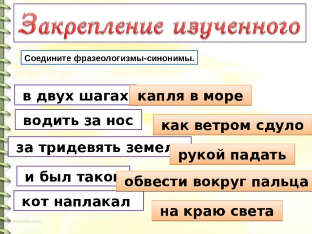 Соедините фразеологизмы-синонимы.  в двух шагах  капля в море  водить за нос  как ветром сдуло  за тридевять земель  рукой падать  и был таков  обвести вокруг пальца  кот наплакал  на краю света