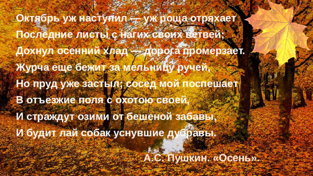 Октябрь уж наступил — уж роща отряхает Последние листы с нагих своих ветвей; Дохнул осенний хлад — дорога промерзает. Журча еще бежит за мельницу ручей, Но пруд уже застыл; сосед мой поспешает В отъезжие поля с охотою своей, И страждут озими от бешеной забавы, И будит лай собак уснувшие дубравы.  А.С. Пушкин. «Осень».