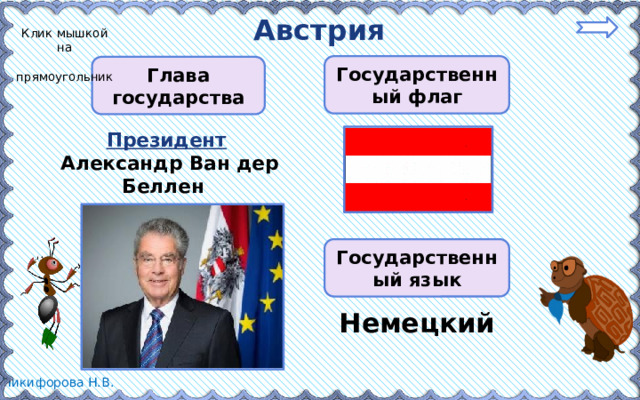 Австрия Клик мышкой на  прямоугольник Государственный флаг Глава государства Президент  Александр Ван дер Беллен Государственный язык Немецкий