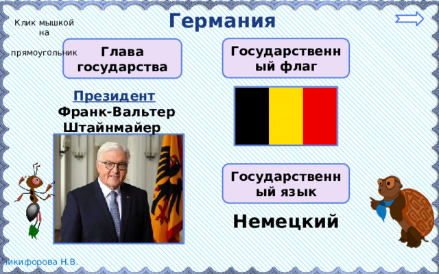 Германия Клик мышкой на  прямоугольник Государственный флаг Глава государства Президент  Франк-Вальтер Штайнмайер Государственный язык Немецкий