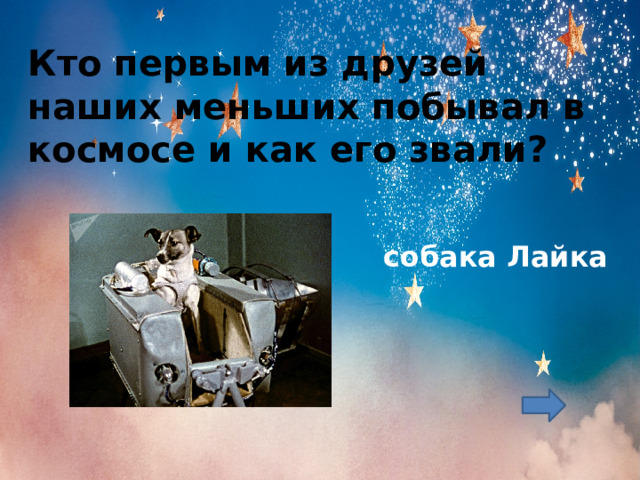 Кто первым из друзей наших меньших побывал в космосе и как его звали?   собака Лайка