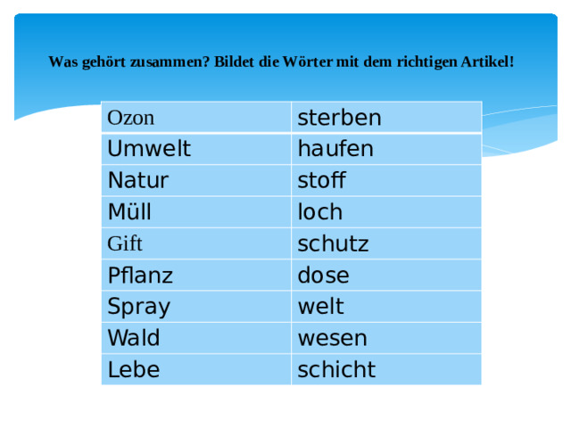 Was gehört zusammen? Bildet die Wörter mit dem richtigen Artikel! Ozon Umwelt sterben haufen Natur stoff Müll loch Gift Pflanz schutz dose Spray welt Wald wesen Lebe schicht