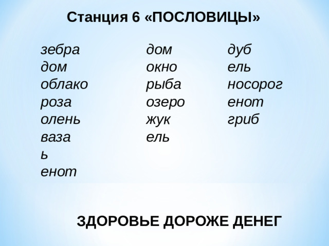 Станция 6 «ПОСЛОВИЦЫ» дом дуб зебра дом ель окно носорог рыба облако роза озеро енот жук олень гриб ваза ель ь енот ЗДОРОВЬЕ ДОРОЖЕ ДЕНЕГ