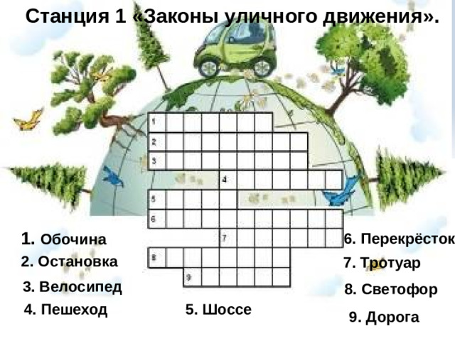 Станция 1 «Законы уличного движения». 1. Обочина 6. Перекрёсток 2. Остановка 7. Тротуар 3. Велосипед 8. Светофор 4. Пешеход 5. Шоссе 9. Дорога