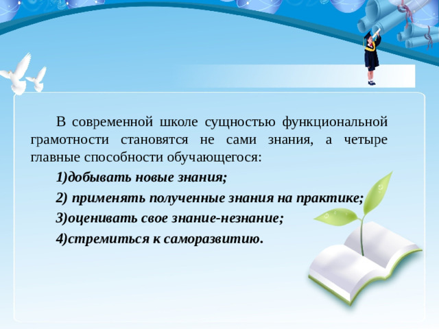 В современной школе сущностью функциональной грамотности становятся не сами знания, а четыре главные способности обучающегося: 1)добывать новые знания; 2) применять полученные знания на практике; 3)оценивать свое знание-незнание; 4)стремиться к саморазвитию.