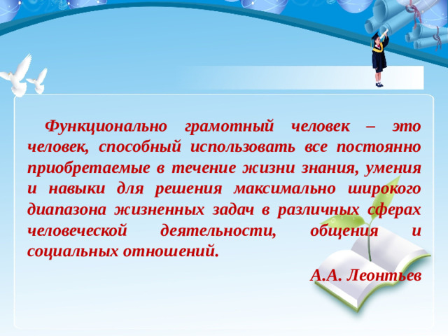 Функционально грамотный человек – это человек, способный использовать все постоянно приобретаемые в течение жизни знания, умения и навыки для решения максимально широкого диапазона жизненных задач в различных сферах человеческой деятельности, общения и социальных отношений. А.А. Леонтьев