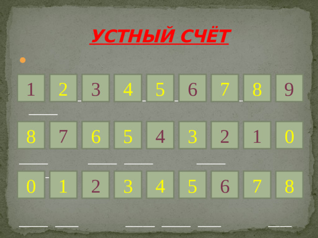 УСТНЫЙ СЧЁТ  _____ _____ _____ _____ _____ _____ _____ _____ _____ ____ _____ ____ _____ _____ ____ ____ ____ 5 4 2 6 7 9 3 1 8 0 3 5 6 8 4 2 1 7 7 3 5 2 4 1 0 6 8