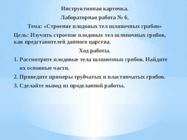 Инструктивная карточка. Лабораторная работа № 6. Тема: «Строение плодовых тел шляпочных грибов» Цель: Изучить строение плодовых тел шляпочных грибов, как представителей данного царства. Ход работы. 1. Рассмотрите плодовые тела шляпочных грибов. Найдите  их основные части. 2. Приведите примеры трубчатых и пластинчатых грибов.  3. Сделайте вывод из проделанной работы.