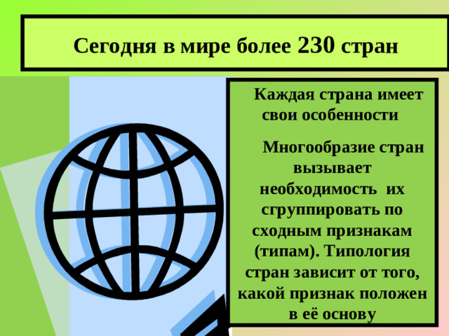 Сегодня в мире более 230 стран  Каждая страна имеет свои особенности  Многообразие стран вызывает необходимость их сгруппировать по сходным признакам (типам). Типология стран зависит от того, какой признак положен в её основу