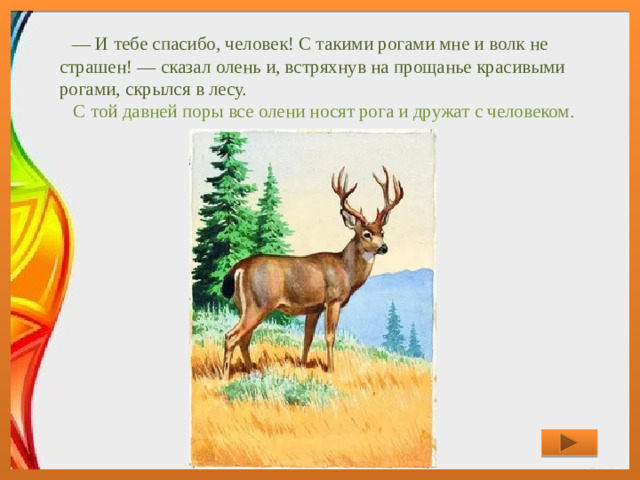     —  И тебе спасибо, человек! С такими рогами мне и волк не страшен! — сказал олень и, встряхнув на прощанье красивыми рогами, скрылся в лесу.      С той давней поры все олени носят рога и дружат с человеком.  