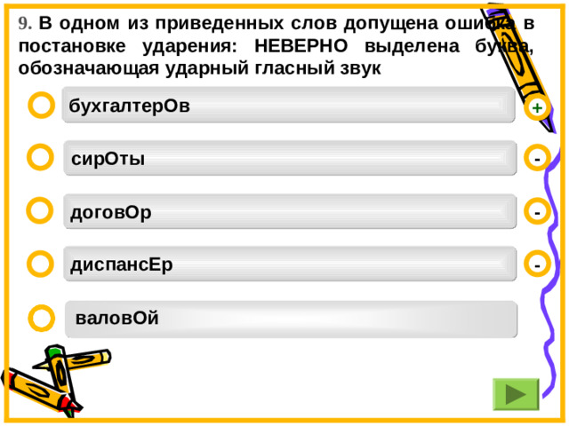 9. В одном из приведенных слов допущена ошибка в постановке ударения: НЕВЕРНО выделена буква, обозначающая ударный гласный звук бухгалтерОв  + сирОты  - договОр  - диспансЕр -  валовОй