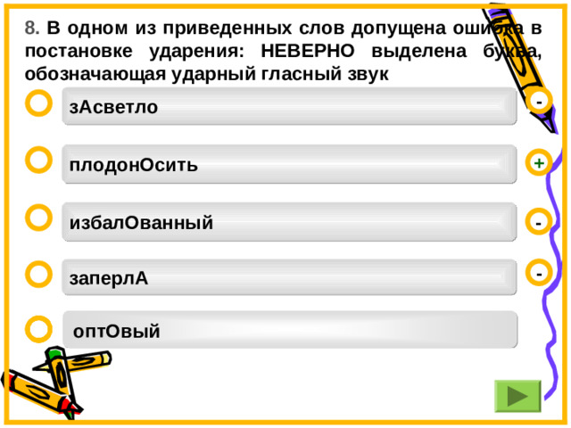 8. В одном из приведенных слов допущена ошибка в постановке ударения: НЕВЕРНО выделена буква, обозначающая ударный гласный звук  зАсветло -  плодонОсить  + избалОванный  - заперлА -  оптОвый