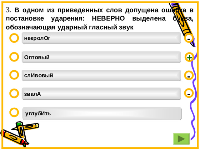 3 . В одном из приведенных слов допущена ошибка в постановке ударения: НЕВЕРНО выделена буква, обозначающая ударный гласный звук   некролОг  - Оптовый + слИвовый - звалА - углубИть