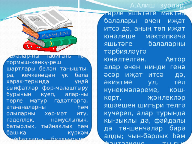 А.Алиш зурлар, төрле яшьтәге мәктәп балалары өчен иҗат итсә дә, аның төп иҗат юнәлеше мәктәпкәчә яшьтәге балаларны тәрбияләүгә юнәлтелгән. Автор алар өчен нинди генә әсәр иҗат итсә дә, әкиятме ул, тел күнекмәләреме, кош-корт, җәнлекләр яшәешен шигъри телгә күчереп, алар турында кы-зыклы да, файдалы да тө-шенчәләр бирә алды; чын-барлык һәм фантазияне ты-гыз үреп, уңышка иреште.  Әкиятләре аша Алиш балалар-ны табигать һәм тормыш-көнкү-реш шартлары белән танышты-ра, кечкенәдән үк бала харак-терында уңай сыйфатлар фор-малаштыру бурычын куеп, алар-ны төрле матур гадәтләргә, ата-аналарны һәм олыларны хөр-мәт итү, гаделлек, намуслылык, батырлык, тыйнаклык һәм баш-ка күркәм сыйфатларны булды-рырга тырыша.