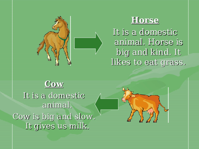 Horse It is a domestic animal. Horse is big and kind. It likes to eat grass. Cow It is a domestic animal. Cow is big and slow. It gives us milk.