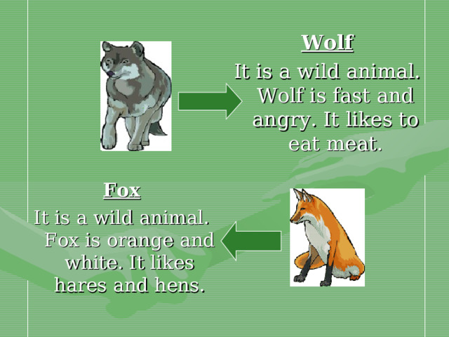 Wolf It is a wild animal. Wolf is fast and angry. It likes to eat meat. Fox It is a wild animal. Fox is orange and white. It likes hares and hens.