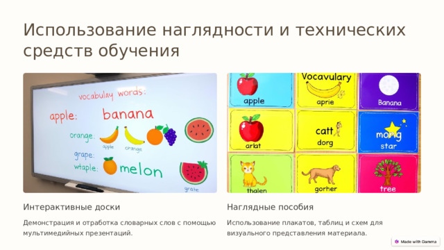 Использование наглядности и технических средств обучения Интерактивные доски Наглядные пособия Демонстрация и отработка словарных слов с помощью мультимедийных презентаций. Использование плакатов, таблиц и схем для визуального представления материала.