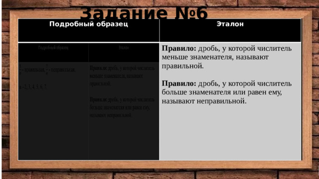 Задание №6 Подробный образец Подробный образец Эталон  - правильная, - неправильная. Эталон Правило: дробь, у которой числитель меньше знаменателя, называют правильной. Правило: дробь, у которой числитель меньше знаменателя, называют правильной. a =2, 3, 4, 5, 6, 7. Правило: дробь, у которой числитель больше знаменателя или равен ему, называют неправильной. Правило: дробь, у которой числитель больше знаменателя или равен ему, называют неправильной.