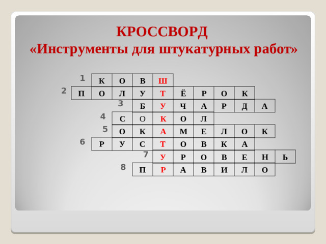 КРОССВОРД  «Инструменты для штукатурных работ» 1 К О В Ш 2 П О Л У Т Ё Р О К 3 Б У Ч А Р Д А 4 С О К О Л 5 О К А М Е Л О К 6 Р У С Т О В К А 7 У Р О В Е Н Ь 8 П Р А В И Л О