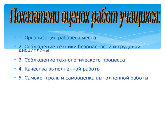 1. Организация рабочего места 2. Соблюдение техники безопасности и трудовой дисциплины  3. Соблюдение технологического процесса 4. Качества выполненной работы 5. Самоконтроль и самооценка выполненной работы