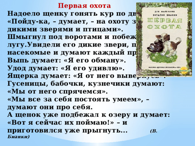 Первая охота Надоело щенку гонять кур по двору.  «Пойду-ка, – думает, – на охоту за дикими зверями и птицами».  Шмыгнул под воротами и побежал по лугу.Увидели его дикие звери, птицы, насекомые и думают каждый про себя.  Выпь думает: «Я его обману».  Удод думает: «Я его удивлю».  Ящерка думает: «Я от него вывернусь».  Гусеницы, бабочки, кузнечики думают: «Мы от него спрячемся».  «Мы все за себя постоять умеем», – думают они про себя.  А щенок уже подбежал к озеру и думает: «Вот я сейчас их поймаю!» – и приготовился уже прыгнуть... (В. Бианки)