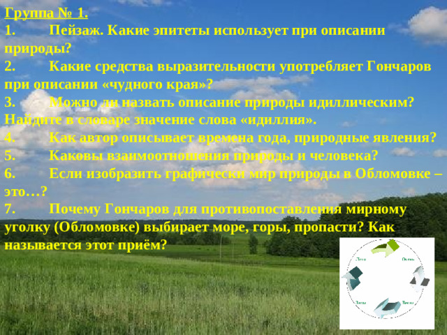 Группа № 1. 1.  Пейзаж. Какие эпитеты использует при описании природы? 2.  Какие средства выразительности употребляет Гончаров при описании «чудного края»? 3.  Можно ли назвать описание природы идиллическим? Найдите в словаре значение слова «идиллия». 4.  Как автор описывает времена года, природные явления? 5.  Каковы взаимоотношения природы и человека? 6.  Если изобразить графически мир природы в Обломовке – это…? 7.  Почему Гончаров для противопоставления мирному уголку (Обломовке) выбирает море, горы, пропасти? Как называется этот приём?