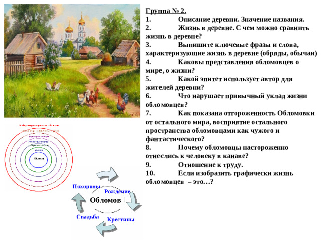 Группа № 2. 1.  Описание деревни. Значение названия. 2.  Жизнь в деревне. С чем можно сравнить жизнь в деревне? 3.  Выпишите ключевые фразы и слова, характеризующие жизнь в деревне (обряды, обычаи) 4.  Каковы представления обломовцев о мире, о жизни? 5.  Какой эпитет использует автор для жителей деревни? 6.  Что нарушает привычный уклад жизни обломовцев? 7.  Как показана отгороженность Обломовки от остального мира, восприятие остального пространства обломовцами как чужого и фантастического? 8.  Почему обломовцы настороженно отнеслись к человеку в канаве? 9.  Отношение к труду. 1 0.  Если изобразить графически жизнь обломовцев – это…?