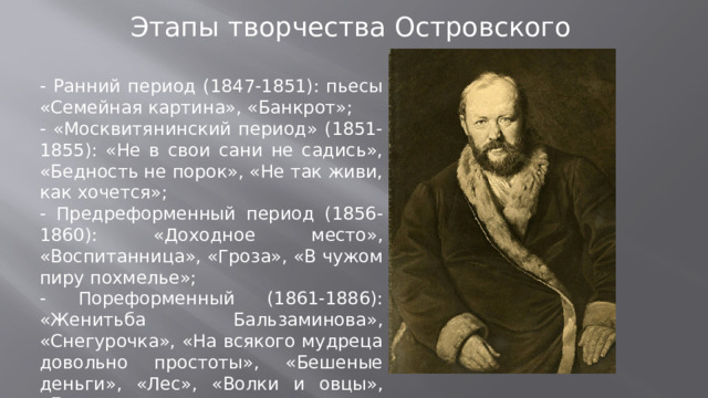 Этапы творчества Островского - Ранний период (1847-1851): пьесы «Семейная картина», «Банкрот»; - «Москвитянинский период» (1851-1855): «Не в свои сани не садись», «Бедность не порок», «Не так живи, как хочется»; - Предреформенный период (1856-1860): «Доходное место», «Воспитанница», «Гроза», «В чужом пиру похмелье»; - Пореформенный (1861-1886): «Женитьба Бальзаминова», «Снегурочка», «На всякого мудреца довольно простоты», «Бешеные деньги», «Лес», «Волки и овцы», «Бесприданница».