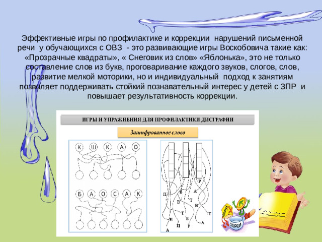 Эффективные игры по профилактике и коррекции нарушений письменной речи у обучающихся с ОВЗ - это развивающие игры Воскобовича такие как: «Прозрачные квадраты», « Снеговик из слов» «Яблонька», это не только составление слов из букв, проговаривание каждого звуков, слогов, слов, развитие мелкой моторики, но и индивидуальный  подход к занятиям позволяет поддерживать стойкий познавательный интерес у детей с ЗПР  и повышает результативность коррекции.