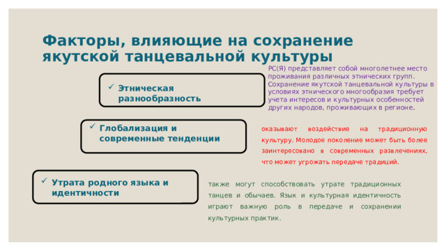 Факторы, влияющие на сохранение якутской танцевальной культуры РС(Я) представляет собой многолетнее место проживания различных этнических групп. Сохранение якутской танцевальной культуры в условиях этнического многообразия требует учета интересов и культурных особенностей других народов, проживающих в регионе . Этническая разнообразность оказывают воздействие на традиционную культуру. Молодое поколение может быть более заинтересовано в современных развлечениях, что может угрожать передаче традиций. Глобализация и современные тенденции также могут способствовать утрате традиционных танцев и обычаев. Язык и культурная идентичность играют важную роль в передаче и сохранении культурных практик.