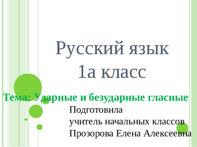 Тема: Ударные и безударные гласные  Подготовила  учитель начальных классов  Прозорова Елена Алексеевна