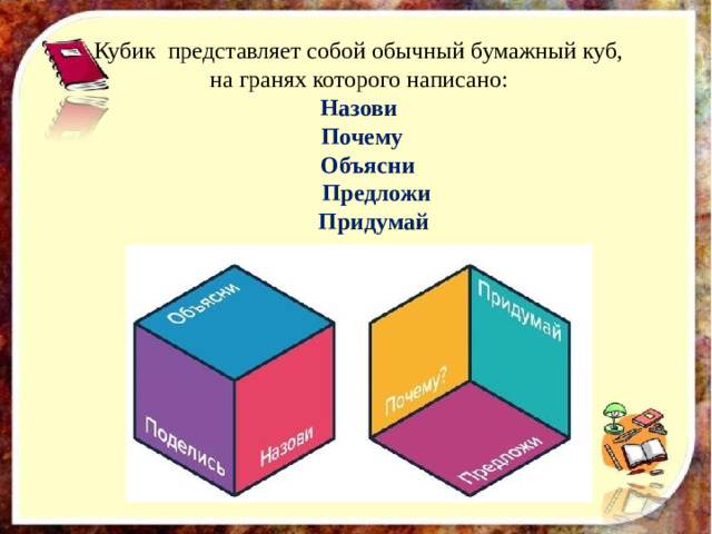 Кубик представляет собой обычный бумажный куб, на гранях которого написано:  Назови  Почему  Объясни  Предложи  Придумай