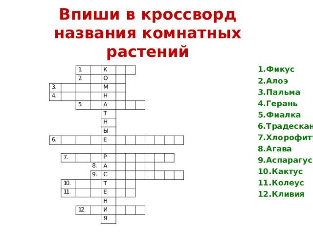 Впиши в кроссворд названия комнатных растений 1.Фикус 2.Алоэ 3.Пальма 4.Герань 5.Фиалка 6.Традесканция 7.Хлорофитум 8.Агава 9.Аспарагус 10.Кактус 11.Колеус 12.Кливия